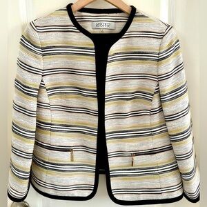 Kasper open front cropped blazer. Black, cream, yellow, light orange. Size 6